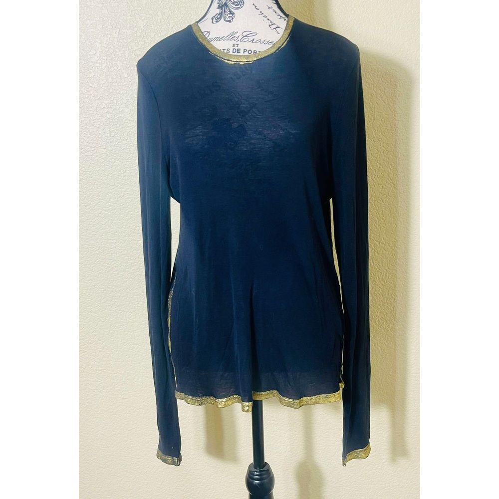 Zadig & Voltaire Black Translucent Long Sleeved Blouse Gold Trim Medium Paris
